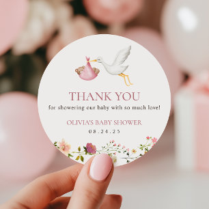 Stork Delivery Pink Floral Girl Baby Shower Favor Classic Round Sticker