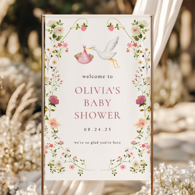 Stork Delivery Pink Girl Baby Shower Welcome Banner (Creator Uploaded)