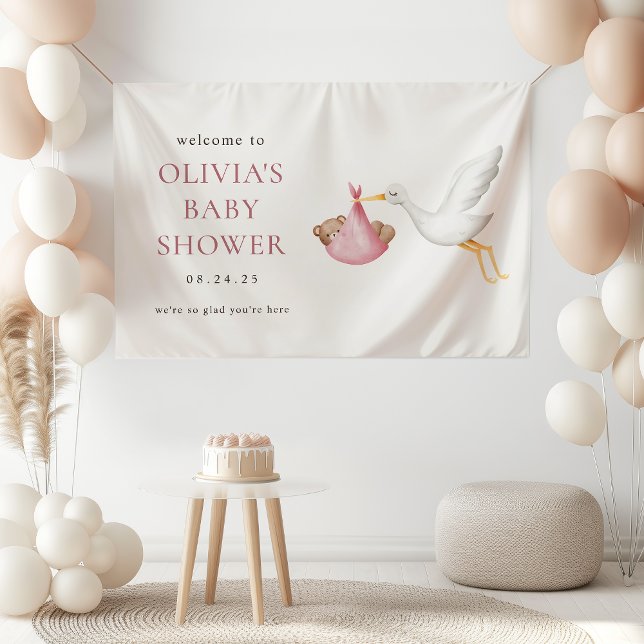 Stork Delivery Pink Girl Baby Shower Welcome Banner (Creator Uploaded)