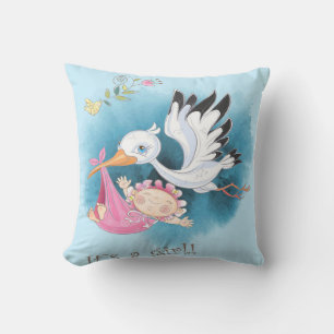 Stork Flies With Baby Girl   Gift For Baby Cushion