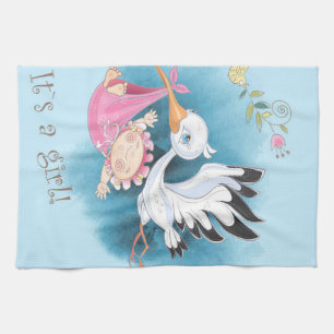 Stork Flies With Baby Girl Gift For Baby Tea Towel