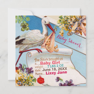 STORK,FLOWERS GiRL BABY SHOWER BIRTH STATUS Invitation