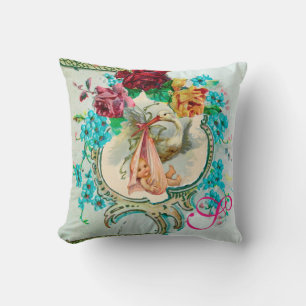 STORK GIRL BABY SHOWER FLORAL Baby Birth Stats Cushion