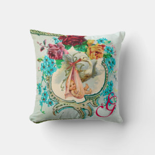 STORK GIRL BABY SHOWER FLORAL MONOGRAM Keepsake Cushion