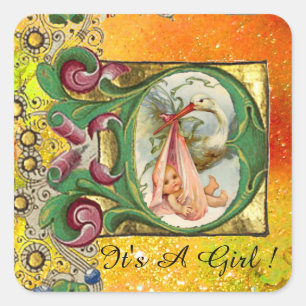 STORK GIRL BABY SHOWER FLORAL PARCHMENT IN YELLOW SQUARE STICKER