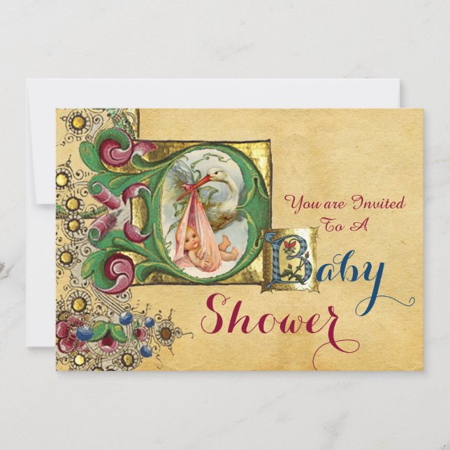 STORK GIRL BABY SHOWER FLORAL PARCHMENT MONOGRAM INVITATION (Front)