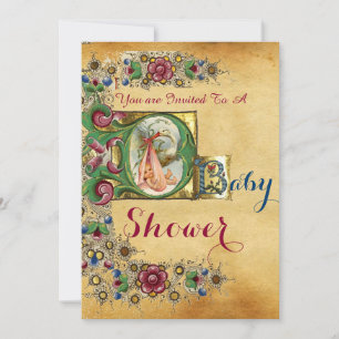 STORK GIRL BABY SHOWER FLORAL PARCHMENT MONOGRAM INVITATION