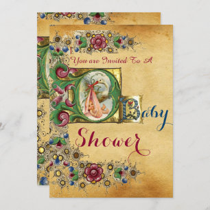 STORK GIRL BABY SHOWER FLORAL PARCHMENT MONOGRAM INVITATION