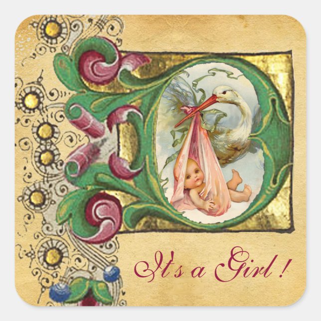 STORK GIRL BABY SHOWER FLORAL PARCHMENT MONOGRAM SQUARE STICKER (Front)