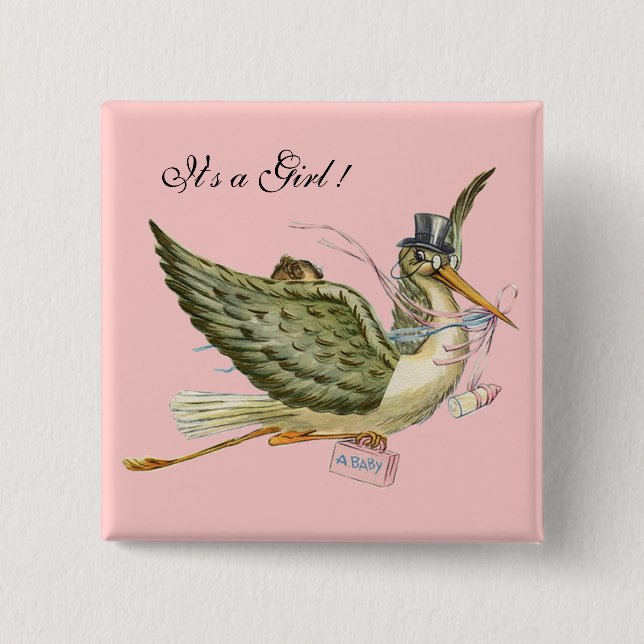 STORK GIRL BABY SHOWER Pink 15 Cm Square Badge (Front)