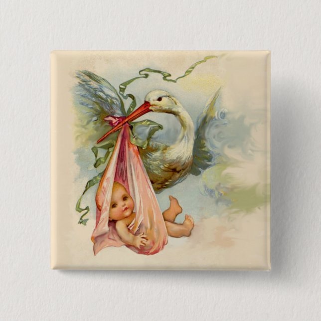 STORK GIRL BABY SHOWER PINK 15 CM SQUARE BADGE (Front)