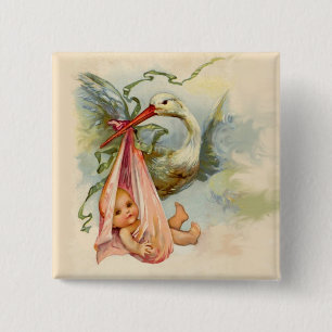 STORK GIRL BABY SHOWER PINK 15 CM SQUARE BADGE