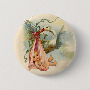 STORK GIRL BABY SHOWER PINK 6 CM ROUND BADGE