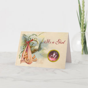 STORK GIRL BABY SHOWER PINK GEM MONOGRAM ANNOUNCEMENT