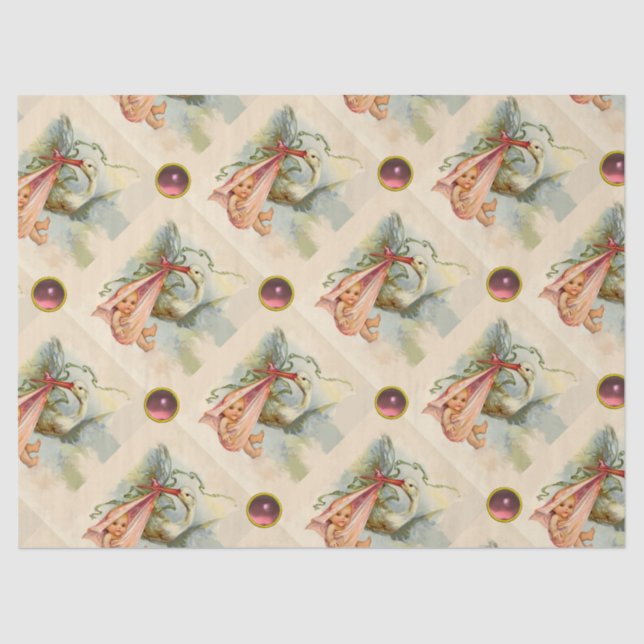 STORK GIRL BABY SHOWER PINK GEMSTONES TISSUE PAPER (Front)