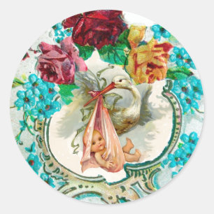 STORK GIRL BABY SHOWER PINK ROSES AND BLUE FLOWERS CLASSIC ROUND STICKER