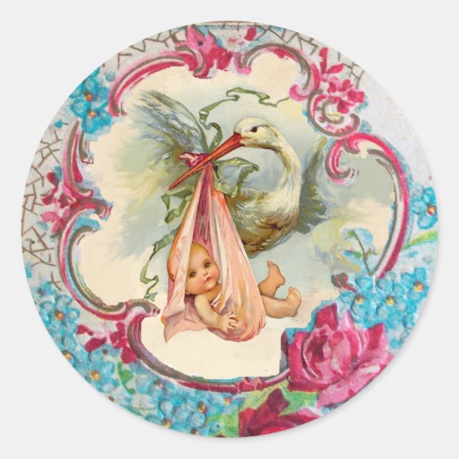STORK GIRL BABY SHOWER PINK ROSES AND BLUE FLOWERS CLASSIC ROUND STICKER (Front)