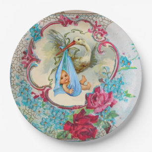 STORK GIRL BABY SHOWER PINK ROSES AND BLUE FLOWERS PAPER PLATE
