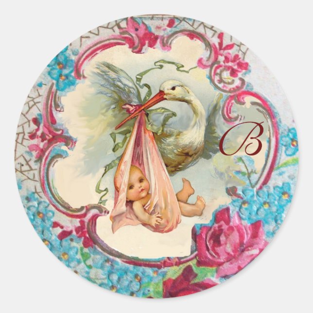 STORK GIRL BABY SHOWER PINK ROSES,FLOWERS MONOGRAM CLASSIC ROUND STICKER (Front)
