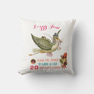 STORK GIRL BABY SHOWER Pink White Baby Stats Cushion