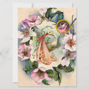 STORK GIRL BABY SHOWER ,PINK WILD ROSES MONOGRAM INVITATION