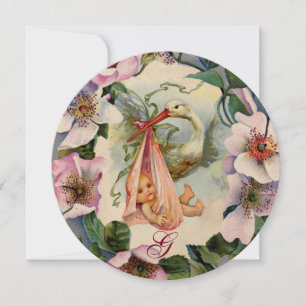 STORK GIRL BABY SHOWER ,PINK WILD ROSES MONOGRAM INVITATION
