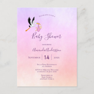 Stork girl pink purple rose gold baby shower postcard