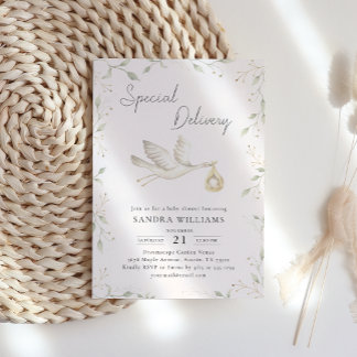 Stork Greenery Baby Shower Invitation