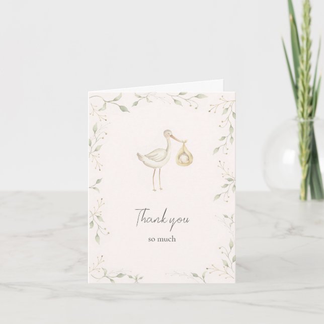 Stork Greenery Baby Shower Thank You Card (Front)
