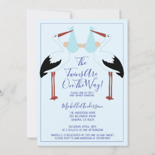 Stork Holding Blue Baby Bundles Baby Shower Invitation