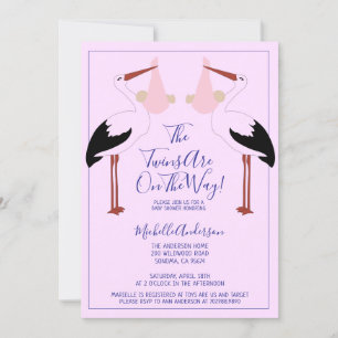Stork Holding Twin Pink Baby Bundles Baby Shower Invitation