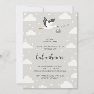 Stork illustration boy baby shower invitation