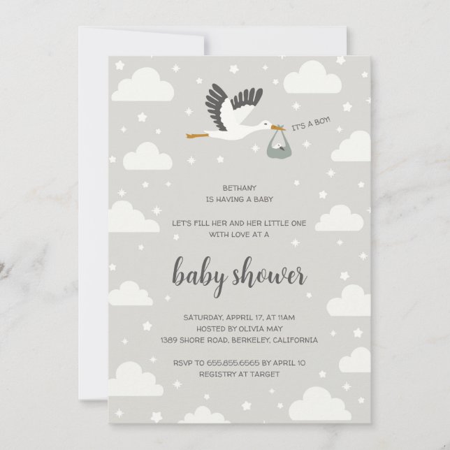 Stork illustration boy baby shower invitation (Front)