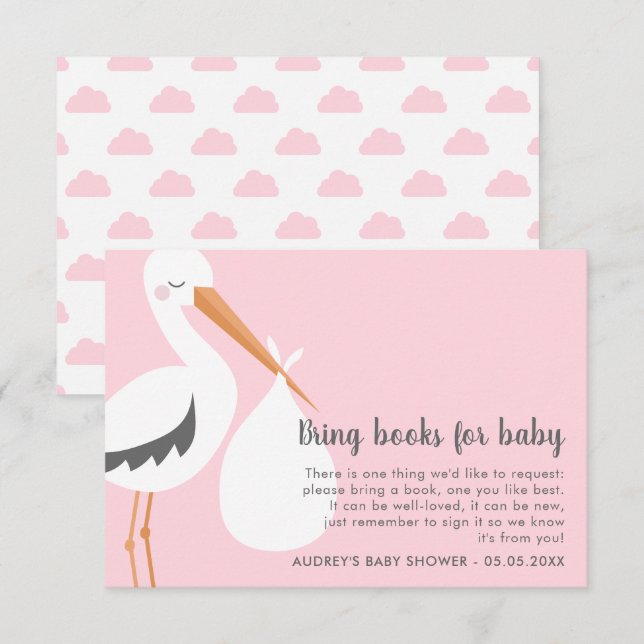 Stork Illustration - Pink Baby Shower Book Request Invitation (Front/Back)