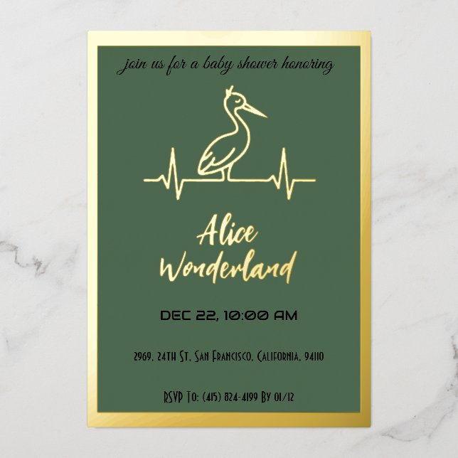 Stork in Modern Gold and Green Baby Shower (Front)