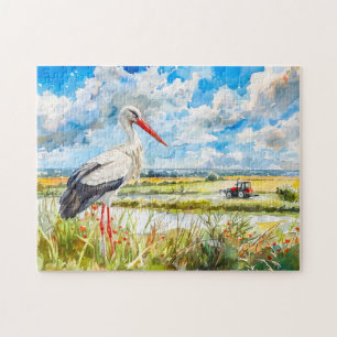 Stork in Summer Fields Havelland Watercolor Style Jigsaw Puzzle