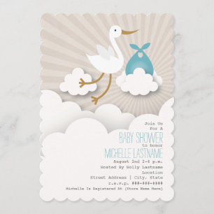 Stork In The Clouds Baby Shower - Blue Invitation