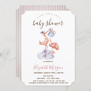 Stork Little Bunny Pink Stripes Baby Shower   Invitation