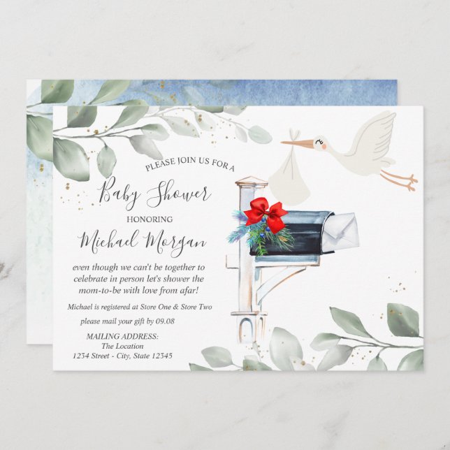 Stork Mailbox Baby Shower By Mail Invitation (Front/Back)