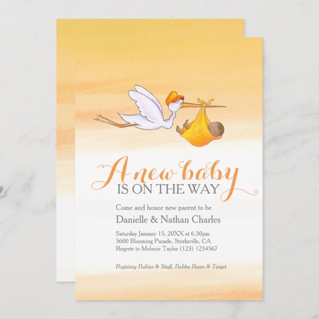 Stork new baby golden orange couples baby shower invitation (Front/Back)