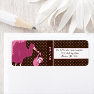 Stork New Baby It's A Girl Brown & Pink Dots Return Address Label