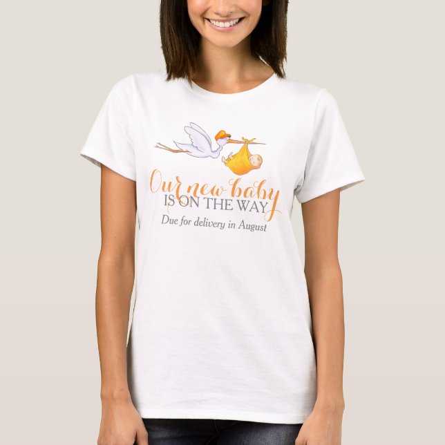 Stork new baby on the way personalised apparel T-Shirt (Front)