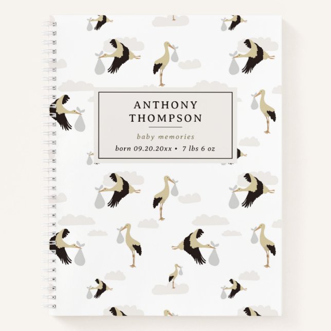 Stork Newborn Baby Boy Girl Memories Keepake Notebook (Front)