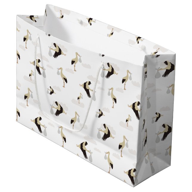 Stork Newborn Baby Boy Girl Pattern Large Gift Bag (Front Angled)