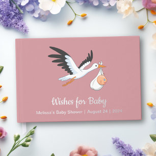 Stork on Pink Baby Shower Foil Guest Book
