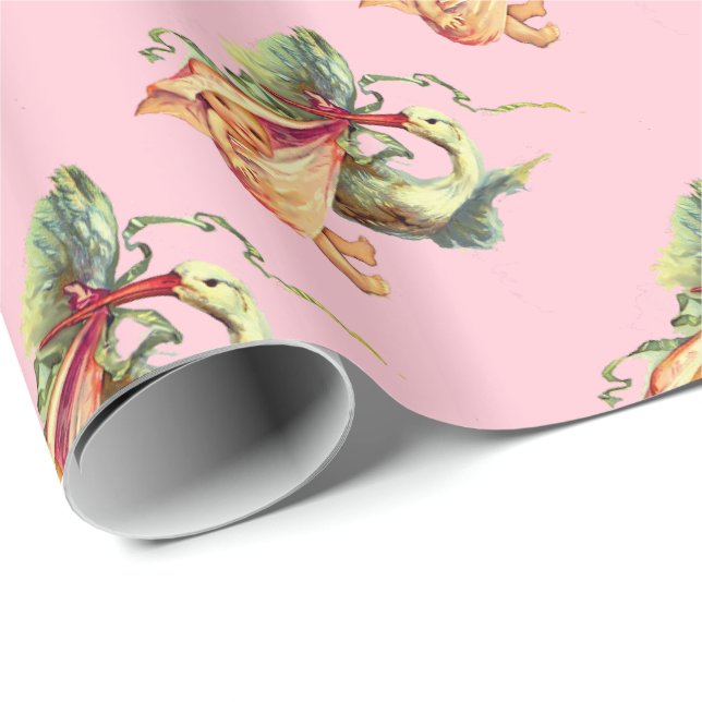 STORK PINK BABY GIRL SHOWER WRAPPING PAPER (Roll Corner)