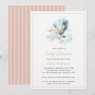 Stork Pink Baby Girl Watercolor Baby Shower Invitation
