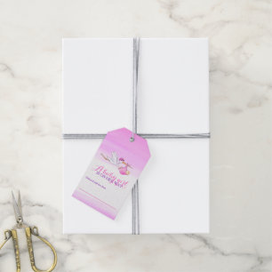 Stork pink girl baby shower display gifts tags