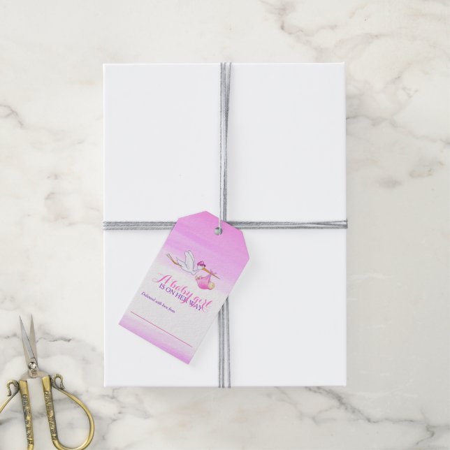 Stork pink girl baby shower display gifts tags (With Twine)
