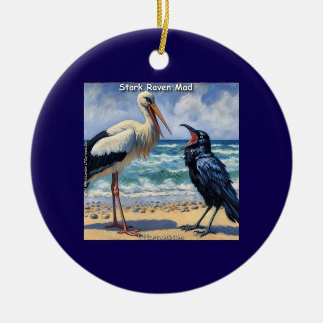 Stork Raven Mad – Beach Bird Banter Ceramic Ornament (Front)